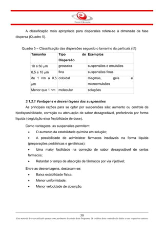 50
Este material deve ser utilizado apenas como parâmetro de estudo deste Programa. Os créditos deste conteúdo são dados a seus respectivos autores
A classificação mais apropriada para dispersões refere-se à dimensão da fase
dispersa (Quadro 5).
Quadro 5 – Classificação das dispersões segundo o tamanho da partícula (∅)
Tamanho Tipo de
Dispersão
Exemplos
10 a 50 μm grosseira suspensões e emulsões
0,5 a 10 μm fina suspensões finas
de 1 nm a 0,5
μm
coloidal magmas, géis e
microemulsões
Menor que 1 nm molecular soluções
3.1.2.1 Vantagens e desvantagens das suspensões
As principais razões para se optar por suspensões são: aumento ou controle da
biodisponibilidade, correção ou atenuação de sabor desagradável, preferência por forma
líquida (deglutição e/ou flexibilidade de dose).
Como vantagens, as suspensões permitem:
• O aumento da estabilidade química em solução;
• A possibilidade de administrar fármacos insolúveis na forma líquida
(preparações pediátricas e geriátricas);
• Uma maior facilidade na correção de sabor desagradável de certos
fármacos;
• Retardar o tempo de absorção de fármacos por via injetável;
Entre as desvantagens, destacam-se:
• Baixa estabilidade física;
• Menor uniformidade;
• Menor velocidade de absorção.
 