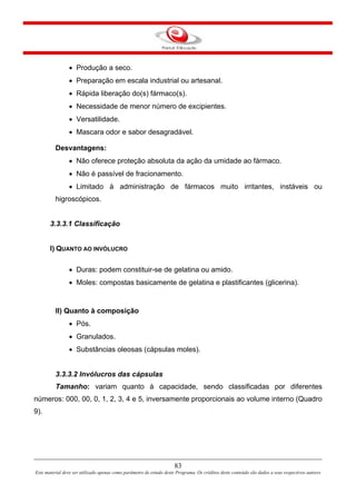 83
Este material deve ser utilizado apenas como parâmetro de estudo deste Programa. Os créditos deste conteúdo são dados a seus respectivos autores
• Produção a seco.
• Preparação em escala industrial ou artesanal.
• Rápida liberação do(s) fármaco(s).
• Necessidade de menor número de excipientes.
• Versatilidade.
• Mascara odor e sabor desagradável.
Desvantagens:
• Não oferece proteção absoluta da ação da umidade ao fármaco.
• Não é passível de fracionamento.
• Limitado à administração de fármacos muito irritantes, instáveis ou
higroscópicos.
3.3.3.1 Classificação
I) QUANTO AO INVÓLUCRO
• Duras: podem constituir-se de gelatina ou amido.
• Moles: compostas basicamente de gelatina e plastificantes (glicerina).
II) Quanto à composição
• Pós.
• Granulados.
• Substâncias oleosas (cápsulas moles).
3.3.3.2 Invólucros das cápsulas
Tamanho: variam quanto à capacidade, sendo classificadas por diferentes
números: 000, 00, 0, 1, 2, 3, 4 e 5, inversamente proporcionais ao volume interno (Quadro
9).
 