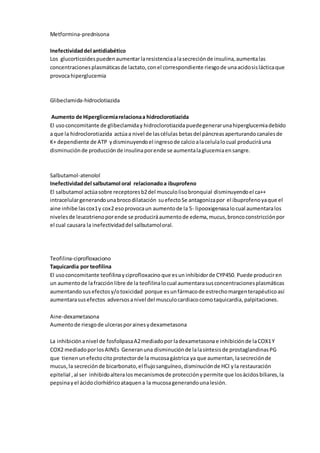 Metformina-prednisona
Inefectividaddel antidiabético
Los glucorticoidespuedenaumentar laresistenciaalasecreciónde insulina,aumentalas
concentracionesplasmáticasde lactato,conel correspondiente riesgode unaacidosislácticaque
provocahiperglucemia
Glibeclamida-hidroclotiazida
Aumento de Hiperglicemiarelacionaa hidroclorotiazida
El usoconcomitante de glibeclamiday hidroclorotiazidapuedegenerarunahiperglucemiadebido
a que la hidroclorotiazida actúaa nivel de lascélulas betasdel páncreasaperturandocanalesde
K+ dependiente de ATP ydisminuyendoel ingresode calcioalacelulalocual produciráuna
disminuciónde producciónde insulinaporende se aumentalaglucemiaensangre.
Salbutamol-atenolol
Inefectividaddel salbutamol oral relacionadoa ibuprofeno
El salbutamol actúasobre receptoresb2del musculolisobronquial disminuyendoel ca++
intracelulargenerandounabrocodilatación suefectoSe antagonizapor el ibuprofenoyaque el
aine inhibe lascox1y cox2 esoprovocaun aumentode la 5- lipooxigenasalocual aumentaralos
nivelesde leucotrienoporende se produciráaumentode edema,mucus,broncoconstricciónpor
el cual causara la inefectividaddel salbutamoloral.
Teofilina-ciprofloxaciono
Taquicardia por teofilina
El usoconcomitante teofilinayciprofloxacino que esun inhibidorde CYP450. Puede produciren
un aumentode lafracciónlibre de la teofilinalocual aumentarasusconcentracionesplasmáticas
aumentando susefectosy/otoxicidad porque esunfármacode estrechomargenterapéuticoasí
aumentarasusefectos adversosanivel del musculocardiacocomotaquicardia, palpitaciones.
Aine-dexametasona
Aumentode riesgode ulcerasporainesydexametasona
La inhibiciónanivel de fosfolipasaA2mediadoporladexametasonae inhibiciónde laCOX1Y
COX2 mediadoporlosAINEs Generanuna disminuciónde lalasíntesisde prostaglandinasPG
que tienenunefectocitoprotectorde la mucosagástrica ya que aumentan,lasecreciónde
mucus,la secreciónde bicarbonato,el flujosanguíneo,disminuciónde HCl yla restauración
epitelial ,al ser inhibidoalteralosmecanismosde protecciónypermite que losácidosbiliares,la
pepsinayel ácidoclorhídricoataquena la mucosagenerandounalesión.
 