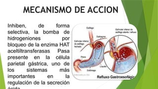 Inhiben, de forma
selectiva, la bomba de
hidrogeniones por
bloqueo de la enzima HAT
aceltiltransferasas Pasa
presente en la célula
parietal gástrica, uno de
los sistemas más
importantes en la
regulación de la secreción
MECANISMO DE ACCION
 