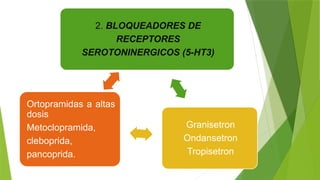 2. BLOQUEADORES DE
RECEPTORES
SEROTONINERGICOS (5-HT3)
Granisetron
Ondansetron
Tropisetron
Ortopramidas a altas
dosis
Metoclopramida,
cleboprida,
pancoprida.
 