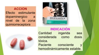 ACCION
Efecto estimulante
dopaminergico a
nivel de la zona
quimiorreceptora
INDICACIÓN
Cantidad ingerida sea
considerada como dosis
tóxica.
Paciente consciente y
hemodinámicamente estable.
 
