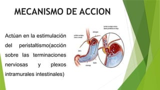 Actúan en la estimulación
del peristaltismo(acción
sobre las terminaciones
nerviosas y plexos
intramurales intestinales)
MECANISMO DE ACCION
 