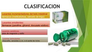 CLASIFICACION
Laxantes incrementadores del bolo intestinal:
fármacos (metilcelulosa, salvado de trigo)
Laxantes emolientes:
fármacos (parafina, glicerol, docusato sódico)
Laxantes osmóticos:
sales de magnesio y sodio
Laxantes estimulantes:
bisacodilo, senosidos a y b, o el aceite de ricino
 