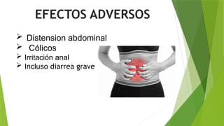 EFECTOS ADVERSOS
 Distension abdominal
 Cólicos
 Irritación anal
 Incluso diarrea grave
 