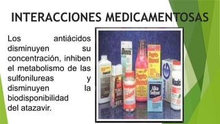 Los antiácidos
disminuyen su
concentración, inhiben
el metabolismo de las
sulfonilureas y
disminuyen la
biodisponibilidad
del atazavir.
INTERACCIONES MEDICAMENTOSAS
 