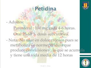 - Adultos:
Parenteral : 100 mg cada 4-6 horas.
Oral 25-60 % dosis subcutánea.
- Nota: No usar en dolor crónico pues se
metaboliza en normeperidina que
produce convulsiones , la que se acumula
y tiene una vida media de 12 horas
Dr.Qf. L. Ortiz 13
 