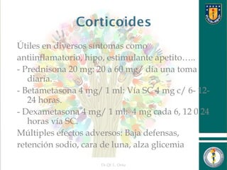 Útiles en diversos síntomas como
antiinflamatorio, hipo, estimulante apetito…..
- Prednisona 20 mg: 20 a 60 mg/ día una toma
diaria.
- Betametasona 4 mg/ 1 ml: Vía SC 4 mg c/ 6- 12-
24 horas.
- Dexametasona 4 mg/ 1 ml: 4 mg cada 6, 12 0 24
horas vía SC.
Múltiples efectos adversos: Baja defensas,
retención sodio, cara de luna, alza glicemia….
Dr.Qf. L. Ortiz 25
 