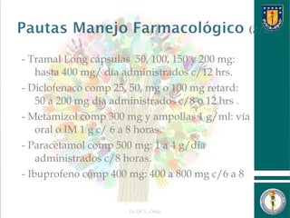 - Tramal Long cápsulas 50, 100, 150 y 200 mg:
hasta 400 mg/ día administrados c/12 hrs.
- Diclofenaco comp 25, 50, mg o 100 mg retard:
50 a 200 mg día administrados c/8 o 12 hrs .
- Metamizol comp 300 mg y ampollas 1 g/ml: vía
oral o IM 1 g c/ 6 a 8 horas.
- Paracetamol comp 500 mg: 1 a 4 g/día
administrados c/8 horas.
- Ibuprofeno comp 400 mg: 400 a 800 mg c/6 a 8
horas.
Dr.Qf. L. Ortiz 4
 