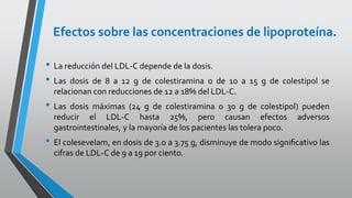 Efectos sobre las concentraciones de lipoproteína.
• La reducción del LDL-C depende de la dosis.
• Las dosis de 8 a 12 g de colestiramina o de 10 a 15 g de colestipol se
relacionan con reducciones de 12 a 18% del LDL-C.
• Las dosis máximas (24 g de colestiramina o 30 g de colestipol) pueden
reducir el LDL-C hasta 25%, pero causan efectos adversos
gastrointestinales, y la mayoría de los pacientes las tolera poco.
• El colesevelam, en dosis de 3.0 a 3.75 g, disminuye de modo signiﬁcativo las
cifras de LDL-C de 9 a 19 por ciento.
 