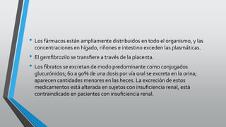 • Los fármacos están ampliamente distribuidos en todo el organismo, y las
concentraciones en hígado, riñones e intestino exceden las plasmáticas.
• El gemﬁbrozilo se transﬁere a través de la placenta.
• Los ﬁbratos se excretan de modo predominante como conjugados
glucurónidos; 60 a 90% de una dosis por vía oral se excreta en la orina;
aparecen cantidades menores en las heces. La excreción de estos
medicamentos está alterada en sujetos con insuﬁciencia renal, está
contraindicado en pacientes con insuﬁciencia renal.
 