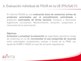 6. Evaluación individual de PSUR en la UE (PSUSA) (1)
El informe PSUSA es una evaluación única de sustancias activas de
pr...