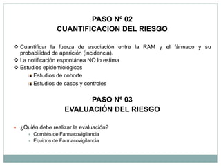PASO Nº 02
CUANTIFICACION DEL RIESGO
 Cuantificar la fuerza de asociación entre la RAM y el fármaco y su
probabilidad de aparición (incidencia).
 La notificación espontánea NO lo estima
 Estudios epidemiológicos
Estudios de cohorte
Estudios de casos y controles
PASO Nº 03
EVALUACIÓN DEL RIESGO
 ¿Quién debe realizar la evaluación?
 Comités de Farmacovigilancia
 Equipos de Farmacovigilancia
 
