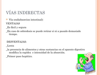 VÍAS INDIRECTAS
   Vía oral(absorcion intestinal):
VENTAJAS
_Es fácil y segura
_En caso de sobredosis se puede retirar si ni a pasado demasiado
  tiempo.


DESVENTAJAS:
_Lenta
_la presencia de alimentos y otras sustancias en el aparato digestivo
   modifica la rapidez e intensidad de la absorción.
_Primer paso hepático.
 