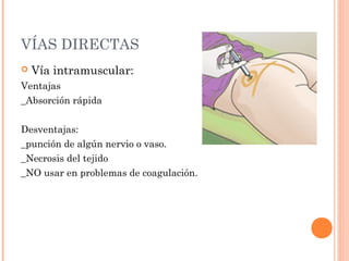 VÍAS DIRECTAS
   Vía intramuscular:
Ventajas
_Absorción rápida


Desventajas:
_punción de algún nervio o vaso.
_Necrosis del tejido
_NO usar en problemas de coagulación.
 