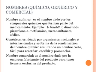 NOMBRES (QUÍMICO, GENÉRICO Y
COMERCIAL)
Nombre químico: es el nombre dado por los
  compuestos químicos que forman parte del
  medicamento. Ejemplo : 1- fenil-2, 3 dimetil-5-
  pirazolona-4-metilamino, metansulfanato
  sódico.
Genéricos: es ideado por organismos nacionales e
  internacionales y se forma de la condensación
  del nombre químico resultando un nombre corto,
  fácil para recordar, escribir y pronunciar.
Nombre comercial: es el nombre dado por la
  empresa fabricante del producto para tener
  licencia exclusiva del producto.
 