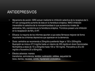 ANTIDEPRESIVOS
•   Mecanismo de acción: ISRS actuan mediante la inhibición selectiva de la recaptura de 5-
    HT con consiguiente aumento de ésta en la hendidura sináptica. IMAO inhibición
    irreversible no selectiva de la monoaminoxidasa lo que aumena los niveles de
    adrenalina, NA y serotonina en la hendidura sináptica. Tricíclicos poseen una inhibición
    en la recaptación de NA y 5-HT.
•   Eficacia: la mayoria de los informes apuntan a que estos fármacos mejoran de forma
    importante los síntomas depresivos que aparecen en la demencia.
•   Dosis: sertralina se recomienda a 25mg/día puediendo llegar a 150 o 200mg/día.
    Bupropión se inicia a 37.5 mg/día hasta un máxmo de 350 mg/día en dosis fraccionadas.
    Nortriptilina a dosis de 10 a 25mg/día hasta 100 a 150 mg/día. Paroxetina a 20 a 50
    mg/día o fluoxetina 20 a 60mg/día.
•   Efectos adversos: mareos
    transitorios, somnolencia, temblor, sudoración, cefalea, sequedad de
    boca, diarrea, nauseas, vomito, hipotensión orotostática.
 