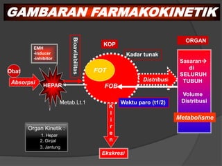 GAMBARAN FARMAKOKINETIK
FOB
Absorpsi
Distribusi
K
l
i
r
e
n
FOT
Waktu paro (t1/2)
Sasaran
di
SELURUH
TUBUH
Volume
Distribusi
Metabolisme
Ekskresi
Bioavilabilitas
HEPAR
Obat
EMH
-inducer
-inhibitor
Metab.Lt.1
KOP
ORGAN
Organ Kinetik :
1. Hepar
2. Ginjal
3. Jantung
Kadar tunak
 