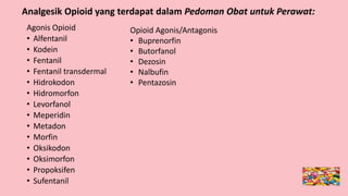 Analgesik Opioid yang terdapat dalam Pedoman Obat untuk Perawat:
Agonis Opioid
• Alfentanil
• Kodein
• Fentanil
• Fentanil transdermal
• Hidrokodon
• Hidromorfon
• Levorfanol
• Meperidin
• Metadon
• Morfin
• Oksikodon
• Oksimorfon
• Propoksifen
• Sufentanil
Opioid Agonis/Antagonis
• Buprenorfin
• Butorfanol
• Dezosin
• Nalbufin
• Pentazosin
 