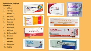 Contoh obat yang ada
dipasaran :
1. Alflam
2. Atranac
3. Berifen SR
4. Cataflam
5. Cataflam D
6. Catanac
7. Deflamat
8. Dicloflam
9. Diclomec
10. Diclomec Gel
11. Exaflam
12. Fenaren
13. Fenavel
14. Flamenac
15. Kaditic
 