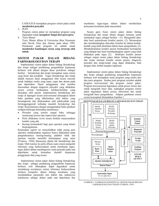 3
CADUCEUS merupakan program sistem pakar untuk
mendeteksi penyakit.
3. PUFF
Program sistem pakar ini merupakan program yang
digunakan untuk mengukur fungsi dari paru-paru.
4. Toxic Master
Toxic Master dibuat di Universitas Bina Nusantara
oleh David, Elisa dan Antony pada tahun 1999.
Penekanan pada program ini adalah untuk
mendeteksi kandungan racun yang terserap oleh
tubuh.
SISTEM PAKAR DALAM BIDANG
FARMAKOLOGI DAN TERAPI
Implementasi sistem pakar dalam bidang farmakologi
dan terapi sebagai pendukung pengambilan keputusan
berbasis web dibuat dengan dasar pemikiran sebagai
berikut : farmakologi dan terapi merupakan suatu sistem
yang besar dan komplek. Tugas farmakologi dan terapi
adalah mencari dasar penggunaan obat secara rasional
untuk tindakan medis yang tepat, cepat dan akurat pada
saat diperlukan. Dasar penggunaan obat tersebut
disesuaikan dengan diagnosis penyakit yang dilakukan
secara cermat berdasarkan keluhan-keluhan yang
dirasakan oleh pasien. Implementasi farmakologi dan
terapi di lapangan secara konvensional dituangkan dalam
buku panduan yang dikeluarkan oleh dokter yang
bersangkutan dan dilaksanakan oleh pihak-pihak yang
bertanggungjawab terhadap masalah farmakologi dan
terapi. Kenyataannya dengan menggunakan buku panduan
terdapat beberapa kelemahan diantaranya :
• Prosedur yang tertulis sangat baku sehingga
memasung inovasi dan improvisasi operator.
• Perlu dilakukan revisi secara berkala menyesuaikan
kondisi yang ada.
• Kurang komunikatif bagi para operator yang belum
berpengalaman.
Kelemahan seperti ini menyebabkan tidak jarang para
operator melaksanakan tugasnya hanya didasarkan pada
pengetahuannya masing-masing, padahal tidak ada
jaminan mereka memiliki kemampuan yang sama
(Prakasa, 1996), khususnya dalam hal farmakologi dan
terapi. Oleh karena itu perlu dibuat suatu sistem pengolah
informasi yang berkecerdasan untuk membantu tugas-
tugas dokter dalam mendiagnosis suatu penyakit pada saat
diperlukan untuk kemudian diambil keputusan
penggunaan obat yang sesuai.
Implementasi sistem pakar dalam bidang farmakologi
dan terapi sebagai pendukung pengambilan keputusan
berbasis web diharapkan dapat digunakan untuk
mendukung terciptanya sistem informasi berkecerdasan
berbasis komputer dalam bidang kesehatan yang
mendudukkan paramedis non dokter dan mahasiswa
kedokteran sebagai dokter pada saat diperlukan dan
membantu tugas-tugas dokter dalam memberikan
pelayanan kesehatan pada masyarakat.
Secara garis besar sistem pakar dalam bidang
farmakologi dan terapi dibuat dengan tuntutan untuk
melakukan tugas sebagai berikut : (1). Mengambil data-
data hasil pemeriksaan kondisi pasien, (2). Memasukan
dan membandingkan data-data tersebut ke dalam kaidah-
kaidah yang telah dituliskan dalam basis pengetahuan, (3).
Mendeskripsikan kondisi pasien berdasarkan kesimpulan
yang didapat dari hasil membandingkan seperti yang telah
dilakukan pada tugas (2). Deskripsi kondisi pasien
sebagai output sistem pakar dalam bidang farmakologi
dan terapi memuat kondisi umum pasien, diagnosis
penyakit dan terapi-terapi yang dapat dilakukan, baik
dengan obat, herbal maupun suplemen.
Implementasi sistem pakar dalam bidang farmakologi
dan terapi sebagai pendukung pengambilan keputusan
berbasis web merupakan suatu program yang terdiri dari
dua jenis program. Kedua jenis program tersebut adalah
program konvensional dan program sistem pakar.
Program konvensional digunakan untuk proses iterasi dan
untuk mengolah basis data, sedangkan program sistem
pakar digunakan dalam proses inferensial dan untuk
mengolah basis pengetahuan. Adapun gambaran sistem
secara konseptual ditunjukkan Gambar 1.
GAMBAR 1. GAMBARAN KONSEPTUAL SISTEM PAKAR BIDANG
FARMAKOLOGI DAN TERAPI (TURBAN, 1995)
SISTEM PAKAR DALAM BIDANG FARMAKOLOGI DAN TERAPI
Data-datahasilpemeriksaan
Program Konvensional
Modul
Identitas
Pasien
Modul
Riwayat
Penyakit
Keluarga
Modul
Gejala-
gejala
Penyakit
Modul
Keadaan
Umum
Pasien
Sistem Pakar
Basis
Pengeta
huan
MESIN INFERENSI
Antarmuka Input
Yes-no Question
ANTAR-
MUKA
OUTPUT
Kondisi
Umum
Pasien
Terapi-
terapi
Diagnosis
Penyakit
Fakta-faktaAwal
Memori
Kerja
Basis
Data
Fasilitas
Penjelas
Penyimpangan
 