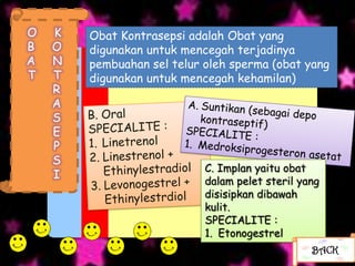 O   K   Obat Kontrasepsi adalah Obat yang
B   O   digunakan untuk mencegah terjadinya
A   N   pembuahan sel telur oleh sperma (obat yang
T   T   digunakan untuk mencegah kehamilan)
    R
    A
    S
    E
    P
    S
                            C. Implan yaitu obat
    I
                            dalam pelet steril yang
                            disisipkan dibawah
                            kulit.
                            SPECIALITE :
                            1. Etonogestrel
                                                 BACK
 