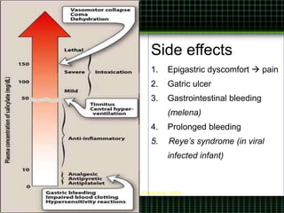 (Finkel et al., 2009)
Side effects
1. Epigastric dyscomfort  pain
2. Gatric ulcer
3. Gastrointestinal bleeding
(melena)
4. Prolonged bleeding
5. Reye’s syndrome (in viral
infected infant)
 