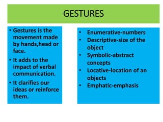 GESTURES
• Gestures is the
movement made
by hands,head or
face.
• It adds to the
impact of verbal
communication.
• It clarifies our
ideas or reinforce
them.
• Enumerative-numbers
• Descriptive-size of the
object
• Symbolic-abstract
concepts
• Locative-location of an
objects
• Emphatic-emphasis
 