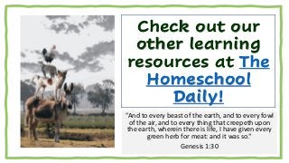 Check out our
other learning
resources at The
Homeschool
Daily!
"And to every beast of the earth, and to every fowl
of the air, and to every thing that creepeth upon
the earth, wherein there is life, I have given every
green herb for meat: and it was so.“
Genesis 1:30
 