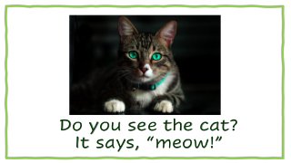 Do you see the cat?
It says, “meow!”
 