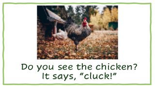 Do you see the chicken?
It says, “cluck!”
 