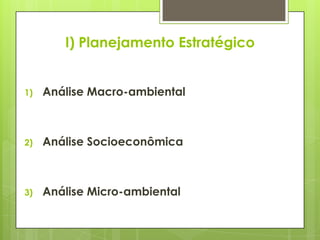 I) Planejamento Estratégico


1)   Análise Macro-ambiental



2)   Análise Socioeconômica



3)   Análise Micro-ambiental
 