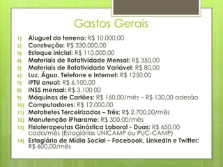 Gastos Gerais
1)    Aluguel do terreno: R$ 10.000,00
2)    Construção: R$ 330.000,00
3)    Estoque inicial: R$ 110.000,00
4)    Materiais de Rotatividade Mensal: R$ 350,00
5)    Materiais de Rotatividade Variável: R$ 80,00
6)    Luz, Água, Telefone e Internet: R$ 1250,00
7)    IPTU anual: R$ 6.100,00
8)    INSS mensal: R$ 3.100,00
9)    Máquinas de Cartões: R$ 160,00/mês – R$ 130,00 adesão
10)   Computadores: R$ 12.000,00
11)   Motofretes Terceirizados – Três: R$ 2.700,00/mês
12)   Manutenção iPharame: R$ 300,00/mês
13)   Fisioterapeutas Ginástica Laboral - Duas: R$ 650,00
      cada/mês (Estagiárias UNICAMP ou PUC-CAMP)
14)   Estagiária de Mídia Social – Facebook, LinkedIn e Twitter:
      R$ 600,00/mês
 