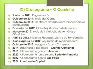IX) Cronograma – O Caminho
1)    Junho de 2011: Regularização
2)    Outubro de 2011: Inicio das Obras
3)    Outubro de 2011: Contratos firmados com fornecedores e
      distribuidoras
4)    Fevereiro de 2012: Inicio Arquitetônico de Interiores
5)    Março de 2012: Inicio de Instalação de Armários e
      Gôndolas
6)    Abril de 2012: Inicio do Processo Seletivo de Funcionários
7)    Junho-Agosto de 2012: Aquisição de Medicamentos
8)    Outubro de 2012: Inauguração em Campinas
9)    2014: Brasil Hexa e Expansão – Grande Campinas
10)   2018: A Farmarame ganha o Interior
11)   2020: A Farmarame torna-se uma Rede de Franquias
12)   2022: A Farmarame ganha São Paulo
13)   2024: Abertura de Capital
 
