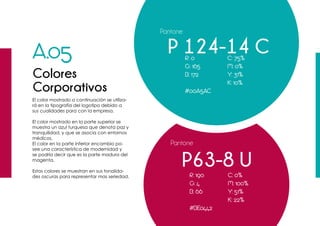 A.05
Pantone
Colores
Corporativos
El color mostrado a continuación se utiliza-
rá en la tipografía del logotipo debido a
sus cualidades para con la empresa.
El color mostrado en la parte superior se
muestra un azul turquesa que denota paz y
tranquilidad, y que se asocia con entornos
médicos.
El color en la parte inferior encambio po-
see una característica de modernidad y
se podría decir que es la parte madura del
magenta.
Estos colores se muestran en sus tonalida-
des oscuras para representar mas seriedad.
R: 0
G: 165
B: 172
#00A5AC
C: 75%
M: 0%
Y: 31%
K: 10%
P 124-14 C
Pantone
P63-8 U
R: 190
G: 4
B: 66
#BE0442
C: 0%
M: 100%
Y: 51%
K: 22%
 