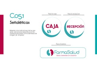 C.05.1
Señaléticas
Referido a las indicaciones de las que
seràn ubicaciones específicas en Far-
maSalud asociadas con la identidad de
imagen de empresa
Para la caja
Para el exterior
Para la recepción
 