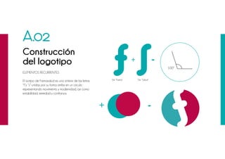 El isotipo de Farmasalud es una síntesis de las letras
‘‘f’’y ‘‘s’’ unidas por su forma similar en un círculo
representando movimiento y modernidad, asi como
estabilidad, seriedad y confianza.
A.02
Construcción
del logotipo
De ‘‘Farma’’
100º
De ‘‘Salud’’
fELEMENTOS RECURRENTES
 