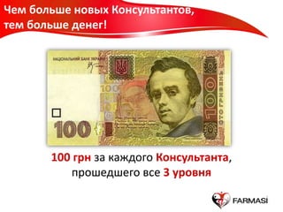 100 грн за каждого Консультанта,
прошедшего все 3 уровня
Чем больше новых Консультантов,
тем больше денег!
 