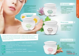 76 77
Уходзакожейлица
любой крем за
159,99 грн
220,00 грн 6,40 ББ
	улучшает кровообращение
	обладает успокаивающими и
	 тонизирующими действиями
	способствует регенерации клеток кожи
	не содержит жиров, парабена и веществ,
способных вызывать аллергическую реакцию
Восстанавливающий крем для лица
Natural с экстрактом водяной лилии
50 мл, код 1104108
	защищает кожу от вредного воздействия
окружающей среды
	снимает отёчность и круги
	 под глазами
	глубоко увлажняет кожу лица, делая её
шелковистой и гладкой
	помогает снять воспаления и покраснения
Успокаивающий крем для лица
Natural с экстрактом ромашки
50 мл, код 1104123
улучшает цвет лица
выравнивает кожу и разглаживает
неглубокие морщинки
прекрасно питает и очищает кожу
повышает упругость кожи лица
Питательный крем для лица
Natural с экстрактом миндаля
50 мл, код 1104124
витамин А, которым богата петрушка,
тонизирует, предотвращает сухость и
шелушение кожи
помогает в борьбе с мелкими морщинками
защищает кожу от воспалений
выравнивает цвет лица, придает
здоровый блеск и сияние
Отбеливающий крем для лица
Natural с экстрактом петрушки
50 мл, код 1104122
1104123
1104122
1104124
1104108
Восстанавливающий
Питательный
Отбеливающий
Исследования, проводимые в течение 7 дней с участием 100 женщин,
показали невероятные результаты:
заметили, что кожа стала более гладкой90%
женщин отметили, что кожа стала более нежной и
увлажненной
95%
ощущают, что кожа стала более свежей и набралась новых
жизненных сил
88%
Успокаивающий
Четыре абсолютно уникальных в своем роде крема серии
Natural, в состав которых входят натуральные экстракты
растений, бережно ухаживают, питают и восстанавливают
нежную кожу лица.
 