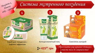 Система экстренного похудения
Новое платье уже куплено! Осталось
довести тело до совершенства!
1 2 3
42597 грн∑=
Скраб для похудения с
лифтинг-эффектом
Антицеллюлитный гель Сжигатель калорий
 