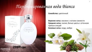 Парфюмированная вода Bianca
29999 грн
Семейство: цветочный
Верхние ноты: жасмин с нотами свежести
Средние ноты: лилия, белые цветы с оттенком
пряных специй
Базовые ноты: кедр, амбра
5
 