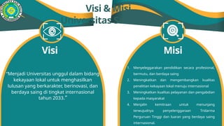 Visi & Misi
Universitas Sari Mulia
“Menjadi Universitas unggul dalam bidang
kekayaan lokal untuk menghasilkan
lulusan yang berkarakter, berinovasi, dan
berdaya saing di tingkat internasional
tahun 2033.”
Visi Misi
1. Menyeleggarakan pendidikan secara profesional,
bermutu, dan berdaya saing
2. Meningkatkan dan mengembangkan kualitas
penelitian kekayaan lokal menuju internasional
3. Meningkatkan kualitas pelayanan dan pengabdian
kepada masyarakat
4. Menjalin kemitraan untuk menunjang
terwujudnya penyelenggaraan Tridarma
Perguruan Tinggi dan luaran yang berdaya saing
internasional.
 
