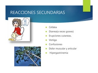 REACCIONES SECUNDARIAS 
 Cefalea 
 Diarrea(a veces graves) 
 Erupciones cutaneas, 
 Vertigo 
 Confusiones 
 Dolor muscular y articular 
 Hipergastrinemia 
 