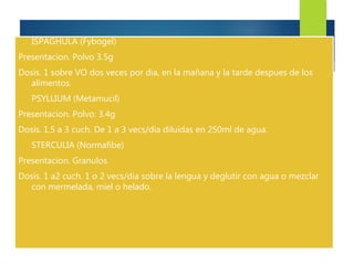  ISPAGHULA (Fybogel) 
Presentacion. Polvo 3.5g 
Dosis. 1 sobre VO dos veces por dia, en la mañana y la tarde despues de los 
alimentos. 
 PSYLLIUM (Metamucil) 
Presentacion. Polvo: 3.4g 
Dosis. 1.5 a 3 cuch. De 1 a 3 vecs/dia diluidas en 250ml de agua. 
 STERCULIA (Normafibe) 
Presentacion. Granulos 
Dosis. 1 a2 cuch. 1 o 2 vecs/dia sobre la lengua y deglutir con agua o mezclar 
con mermelada, miel o helado. 
 