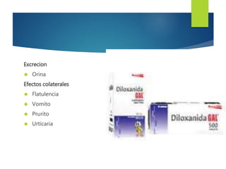 Excrecion 
 Orina 
Efectos colaterales 
 Flatulencia 
 Vomito 
 Prurito 
 Urticaria 
 