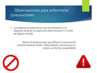 Observaciones para enfermería 
/precauciones 
 Las tabletas se administran con los alimentos y se 
degluten enteras; la suspensión debe tomarse 1 h antes 
de alguna comida 
Alertar al paciente para que difiera el consumo de 
alcohol mientras recibe metronidazol y durante por lo 
menos un día tras suspenderlo 
 