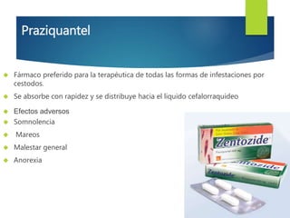Praziquantel 
 Fármaco preferido para la terapéutica de todas las formas de infestaciones por 
cestodos. 
 Se absorbe con rapidez y se distribuye hacia el liquido cefalorraquídeo 
 Efectos adversos 
 Somnolencia 
 Mareos 
 Malestar general 
 Anorexia 
 