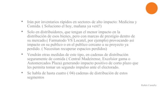 • Irán por inventarios rápidos en sectores de alto impacto: Medicina y
Comida. ( Soluciono el hoy, mañana ya veré!)
• Solo en distribuidores, que tengan el menor impacto en la
distribución de esos bienes, pero con marcas de prestigio dentro de
su mercado.( Farmatodo VS Locatel, por ejemplo) provocando así
impacto en su publico o en el publico cercano a su proyecto ya
perdido. ( Necesitan recuperar espacios perdidos)
• Vendrán otras medidas de este tipo, en cadenas de distribución
seguramente de comida ( Central Madeirense, Excelsior gama o
Automercados Plaza) generando impacto positivo de corto plazo que
les permita tomar un segundo impulso ante el electorado.
• Se habla de hasta cuatro ( 04) cadenas de distribución de estos
segmentos
Rubén Cantafio
 