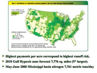 Highest payments per acre correspond to highest runoff risk. 2010 Gulf Hypoxic zone forecast 7,776 sq. miles (5 th  largest) May-June 2008 Mississippi basin nitrogen 7,761 metric tons/day Nitrogen 