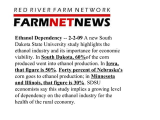 Ethanol Dependency  --  2-2-09  A new South Dakota State University study highlights the ethanol industry and its importance for economic viability. In  South Dakota, 60% of the corn produced went into ethanol production. In  Iowa, that figure is 50% .  Forty percent of Nebraska's  corn goes to ethanol production; in  Minnesota and Illinois, that figure is 30% . SDSU economists say this study implies a growing level of dependency on the ethanol industry for the health of the rural economy.  